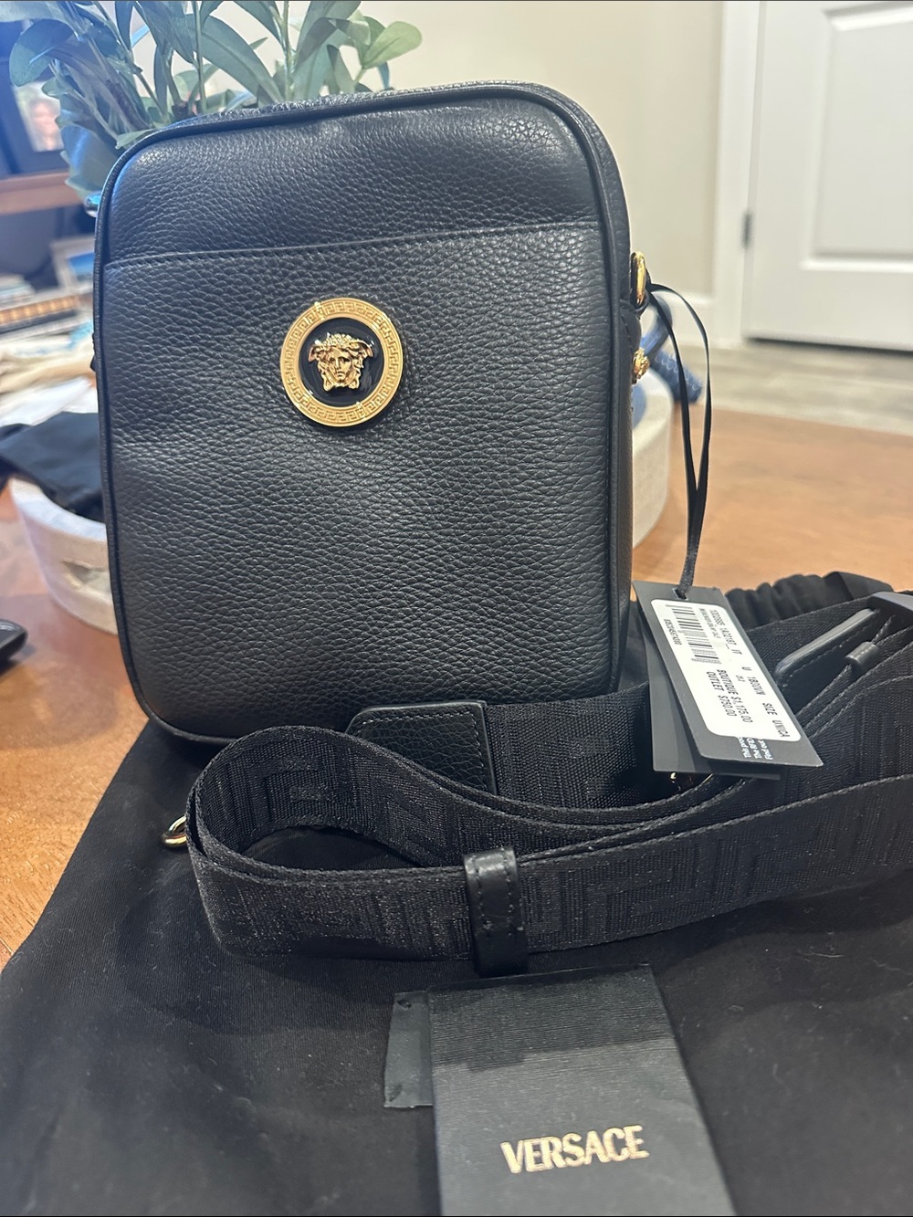 NWT Versace Black Pebbled Leather Messenger with Gold Medusa Emblem